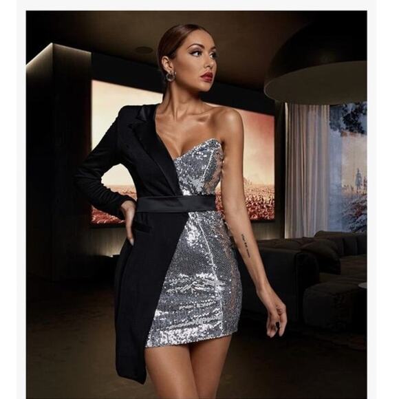NWT Eye Candy Silver night sequin and black blazer coat combo going out party - Picture 1 of 13